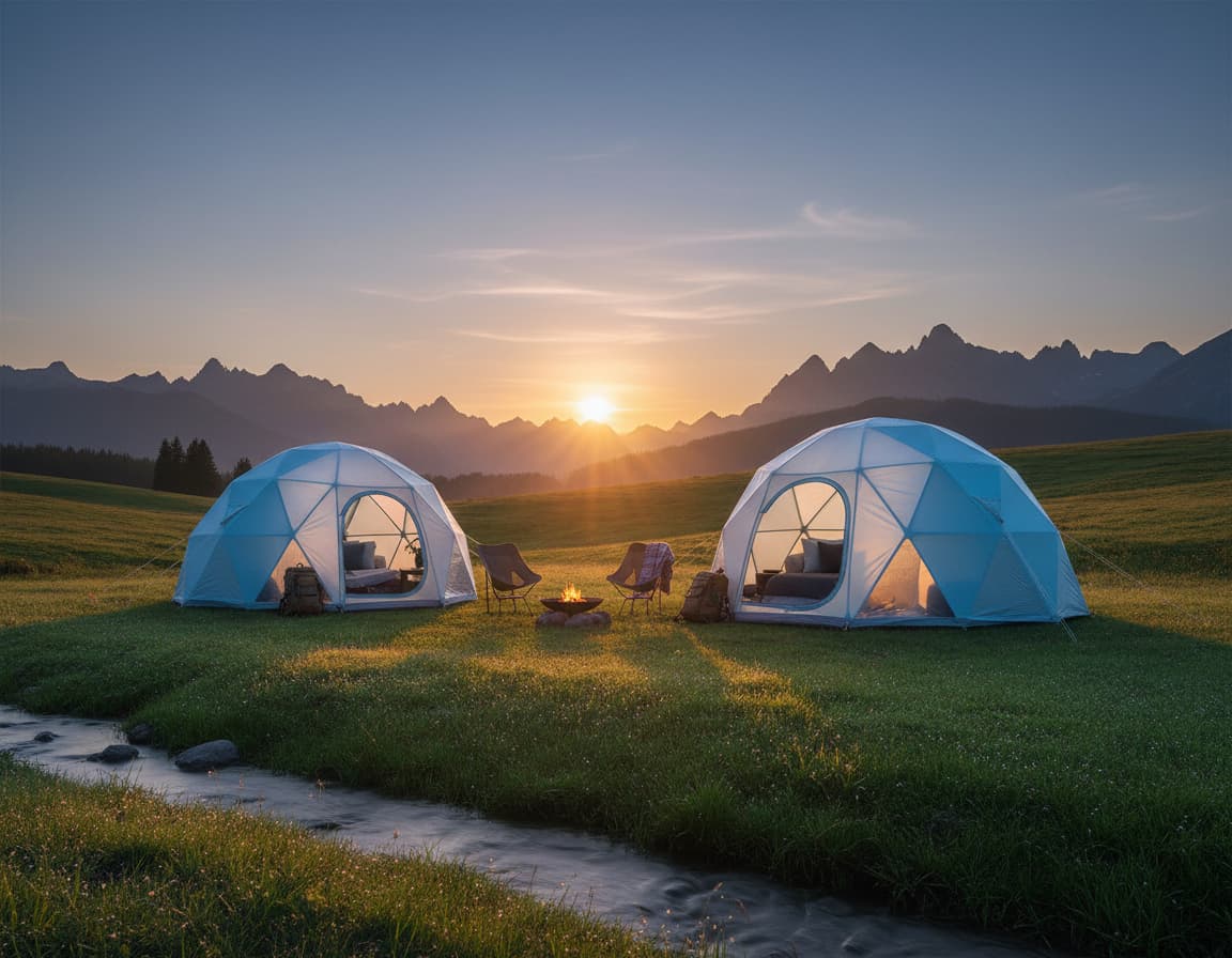Campamento con dos tiendas al atardecer